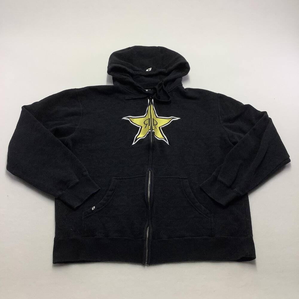 One Industries Hoodie Mens Large Black Rockstar Zip Fleece Sweatshirt Graphic